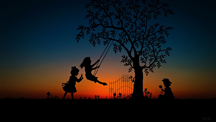Children playing on a swing at sunset 4K