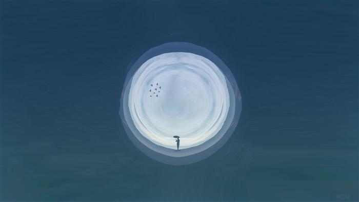 Woman with umbrella on moon artwork 4K