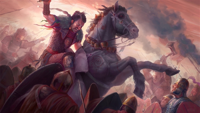 Battle scene with warrior on horseback and soldiers