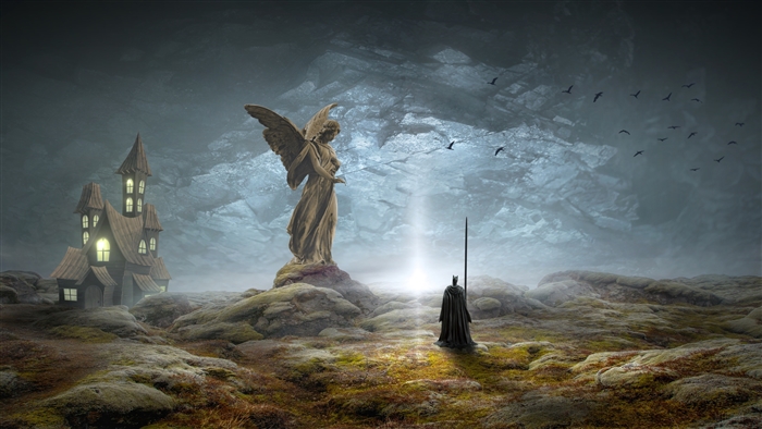 Fantasy landscape with angel statue and cloaked figure