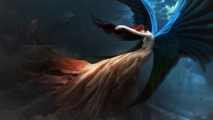 Fantasy Angel with Red Hair and Blue Wings 4K