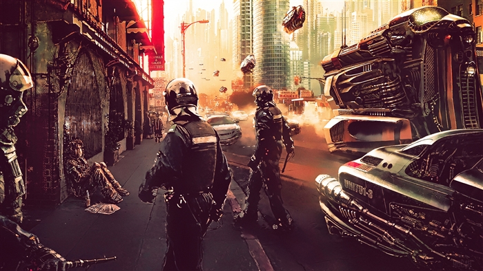 Cyberpunk police officers in a futuristic city street