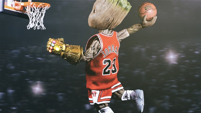 Baby Groot Playing Basketball in Michael Jordan Jersey 4K
