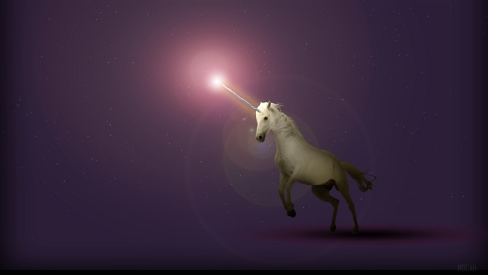 Unicorn with glowing horn in starry sky 4K