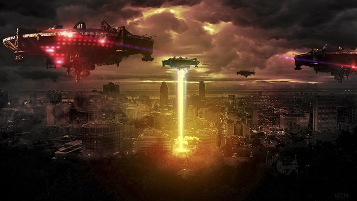 Alien invasion over a city at night