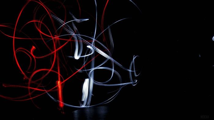 Light art with red and white lines on black background 4K