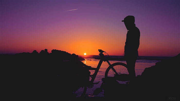 Man and bicycle silhouette at sunset 4K