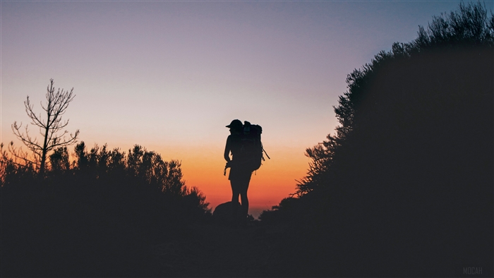 Silhouette of a backpacker on a hill at sunset 4K