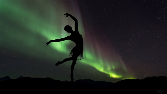 Ballerina Silhouette Dancing Under Northern Lights 4K