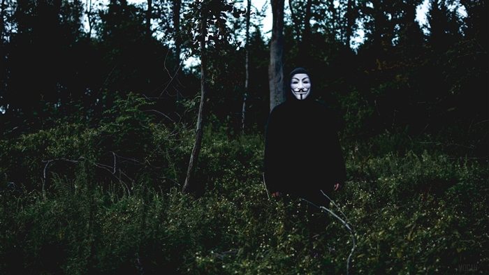 Man in Anonymous mask in forest