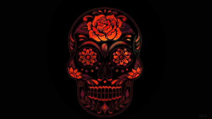 Glowing Red Skull Art with Floral Patterns 4K