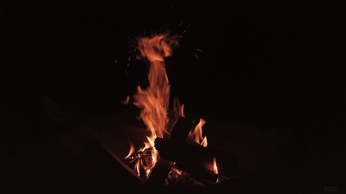 Bonfire with flames and sparks in the dark 4K