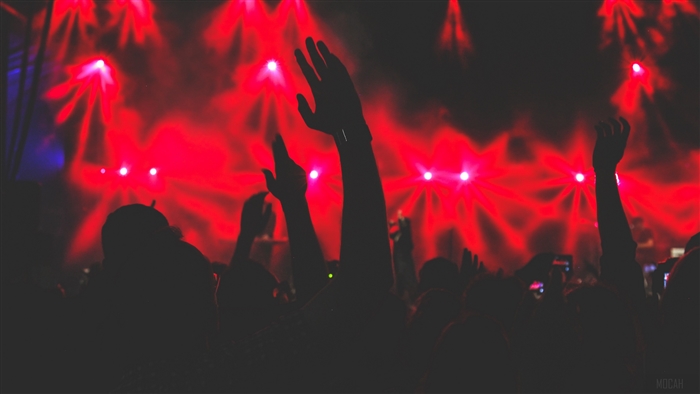 Audience hands at a concert with red lights 4K