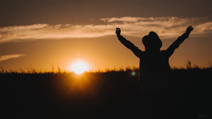 Silhouette of a person with arms raised at sunset 4K