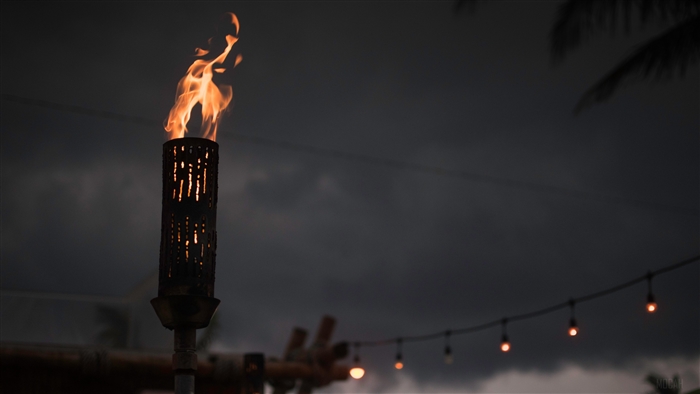 Torch with flame against a dark sky