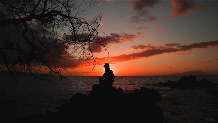 Silhouette of a person sitting by the sea at sunset