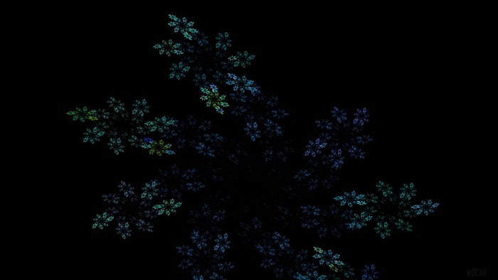Fractal pattern with blue and green hues on black background 4K
