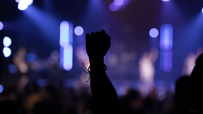 Silhouette of a raised fist with blue stage lights
