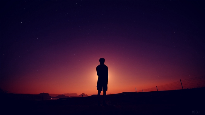 Silhouette of a person against a starry night sky