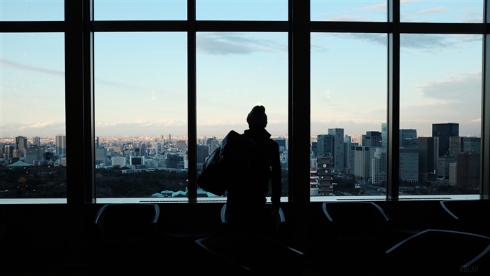 Silhouette of a person with a bag in front of a city view through a window 4K