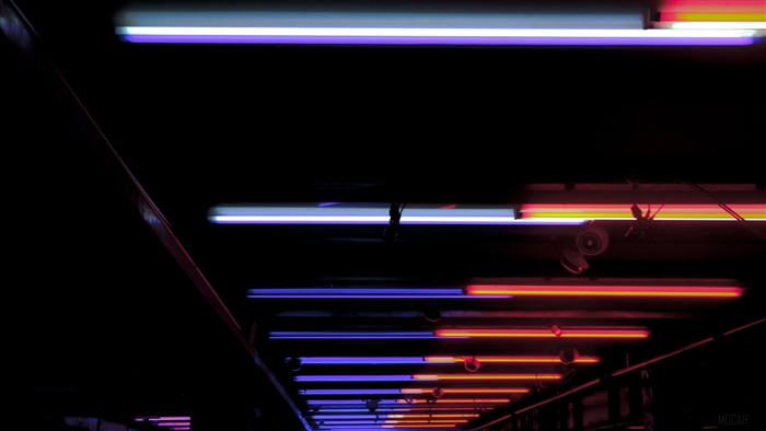 Neon lights on a ceiling at night