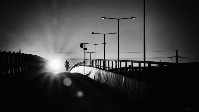 Bicyclist on a bridge at sunset, black and white