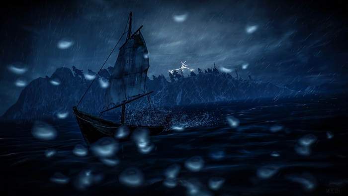 Sailboat in a dark storm with lightning 4K