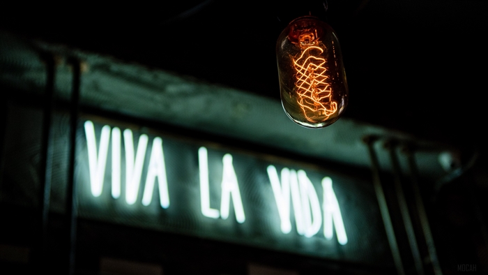Neon sign "VIVA LA VIDA" and Edison light bulb