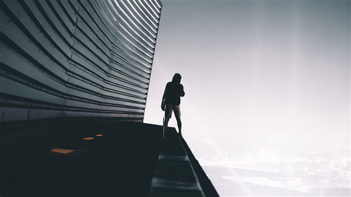 Man on a high roof overlooking a city