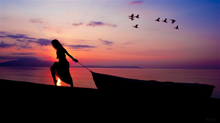 Woman towing boat at sunset silhouette 4K