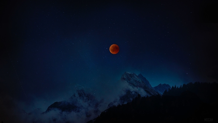 Blood Moon Eclipse Over Mountains and Stars 4K