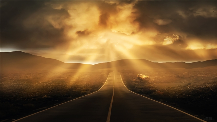 Road landscape with sun rays and mountains 4k