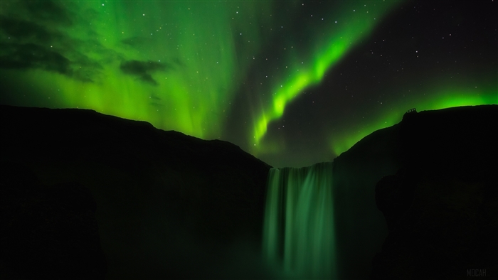 Skogafoss Waterfall with Aurora Borealis