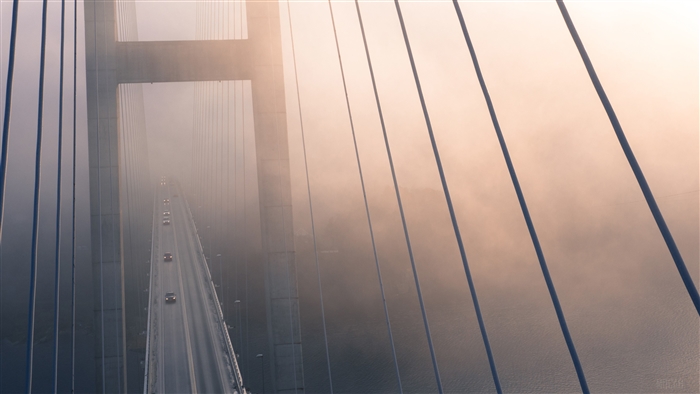 Suspension bridge in fog with cars
