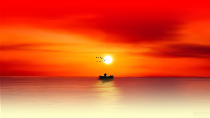 Boat on Calm Sea at Fiery Sunset 4k