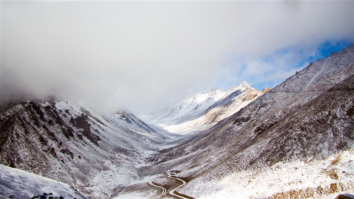 Snowy Mountains Valley with Winding Road 4K