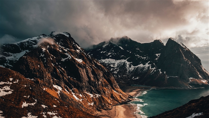 Snow-Covered Peaky Mountains and Coastline 4K