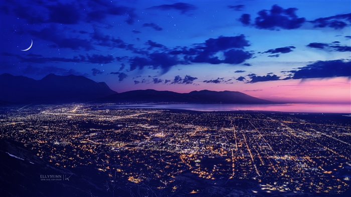 Cityscape at Night with Mountains and Crescent Moon 4K