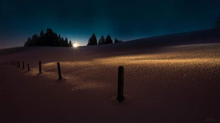 Winter landscape with backlit sun and fence