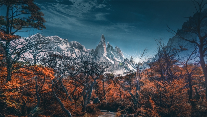 Snowy Mountains and Autumn Trees Landscape 4K