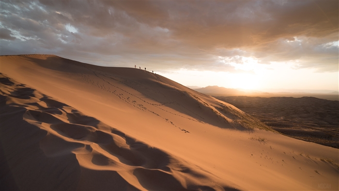 People walking on sand dunes at sunset