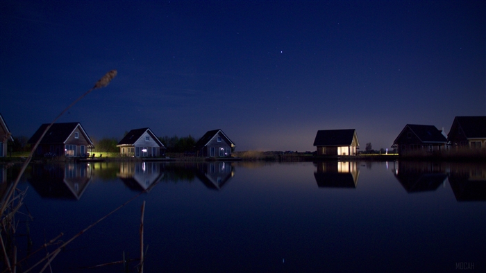 Houses by lake under starry night 4K