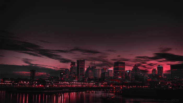 Red Night Panorama of City Buildings with Red Sky 4K