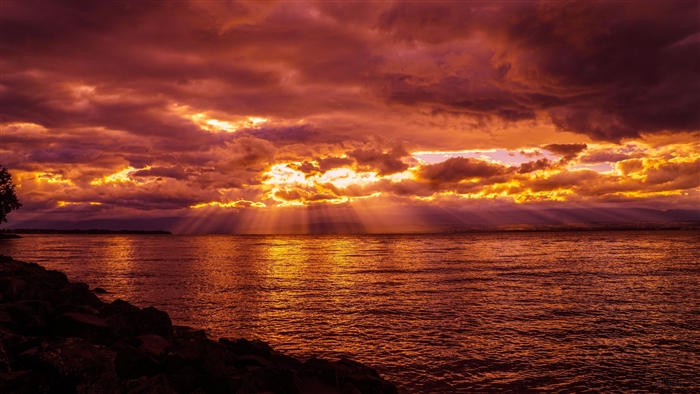 Crepuscular Rays Over Lake at Sunset 4K