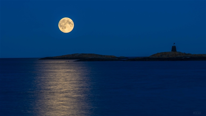 Full Moon Reflection on Sea with Islands