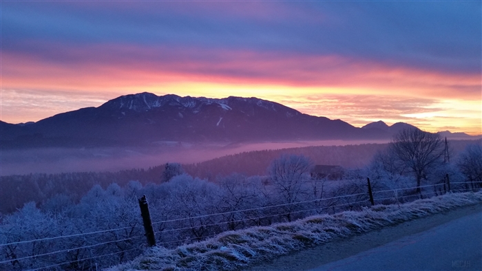 Petzen Mountains at sunrise with frost