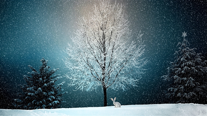 Winter Scene with Snowfall, Trees, and Rabbit