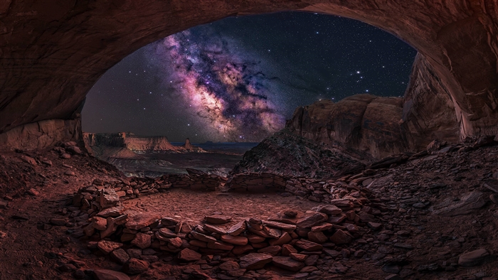 Cave with Milky Way and ancient ruins 4K