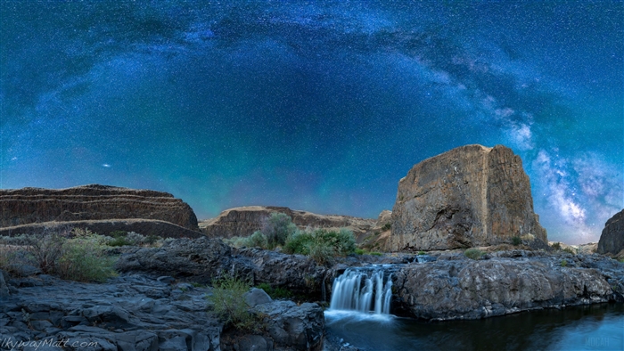 Milky Way over a Waterfall and Rocky Landscape 4K