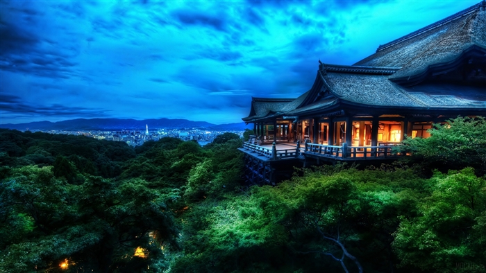 Traditional Japanese House on a Hillside at Dusk